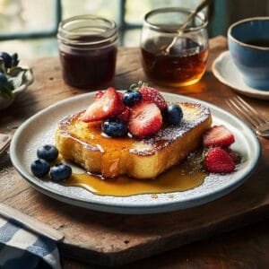 French Toast, taze meyveler ve akçaağaç şurubu ile rustik bir kahvaltı ortamında sunulmaktadır.